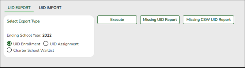 Screen shot of the UID Export screen with new Charter School Waitlist features