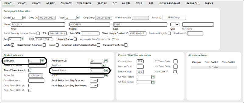 Demo1 tab showing Student Indicators