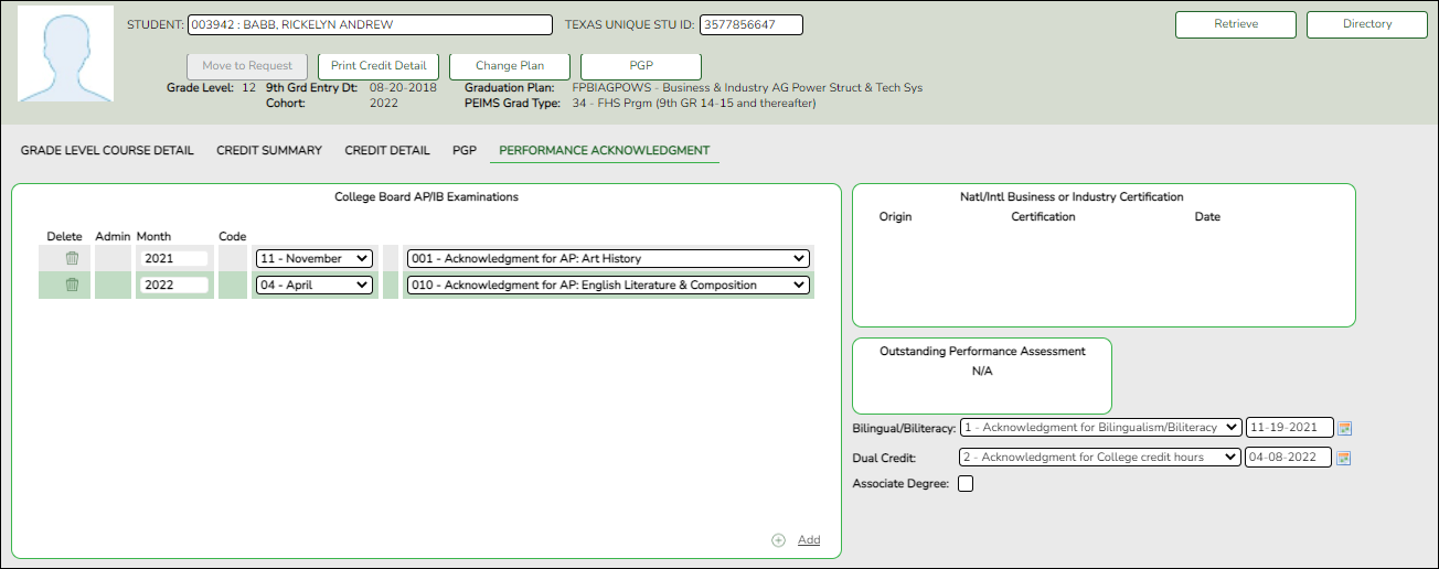 Performance Acknowledgment tab