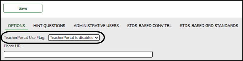 TeacherPortal Options > District > Options page showing TeacherPortal disabled