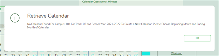 pop-up message indicating no calendar was found