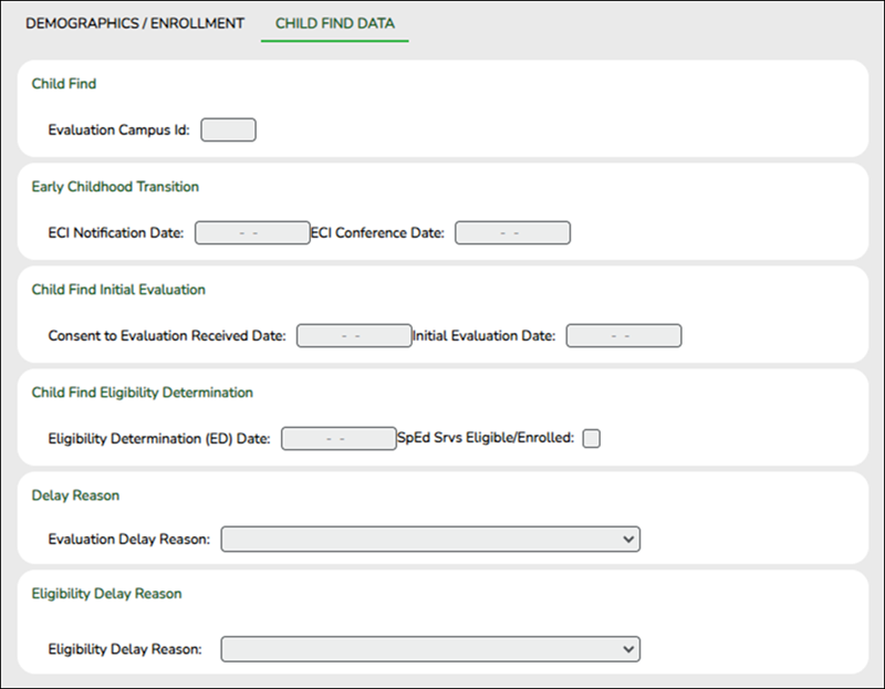 Sample image of the SPPI-12 Child Find Data tab