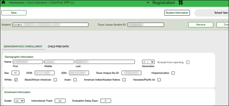 Sample image of the SPPI-11 Demographic/Enrollment tab
