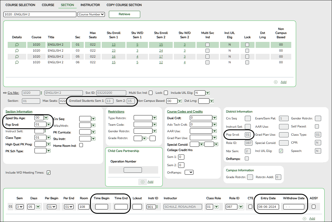 Grade Reporting > Maintenance > Master Schedule > Campus Schedule > Section page
