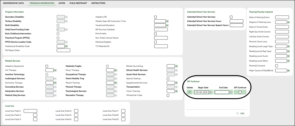 Special Education > Maintenance > Student Sp Ed Data > Current Year > Program Information page