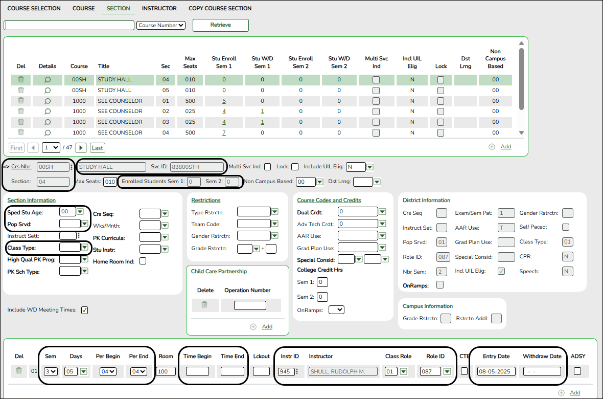 Grade Reporting > Maintenance > Master Schedule > Campus Schedule > Section tab