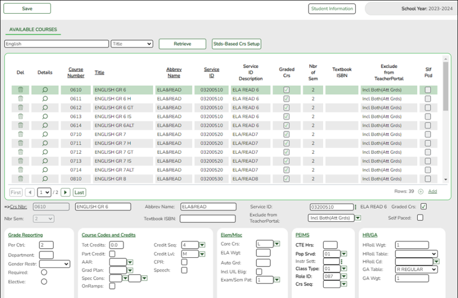 Available Courses screen on Grade Reporting Master Schedule District Schedule