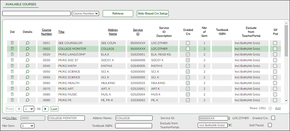 Grade Reporting > Maintenance > Master Schedule > District Schedule > Available Courses screen