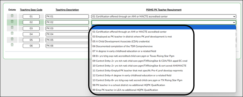 snippet of HRS1600 parameters page with Teaching Specializations lookup displayed
