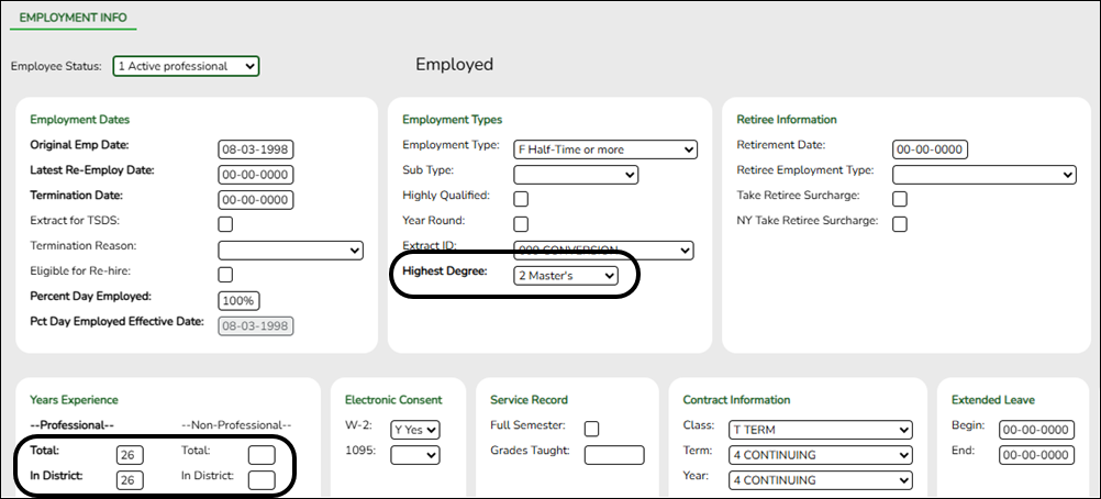Personnel > Employment Info tab
