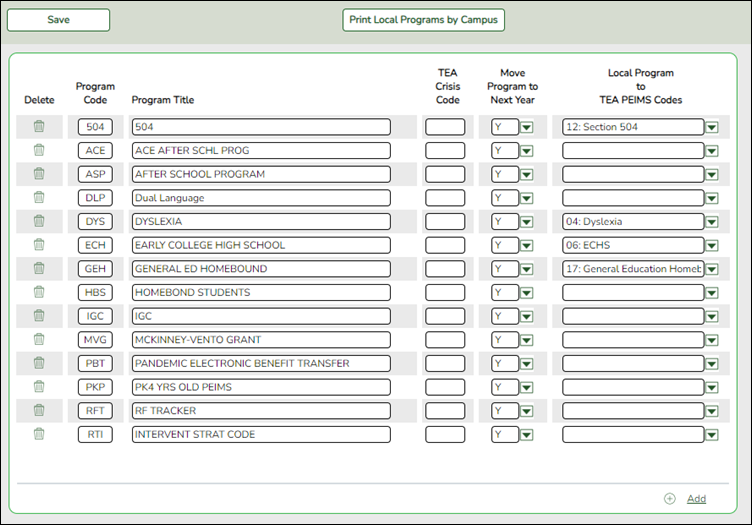 Registration Maintenance Local Program Codes screen