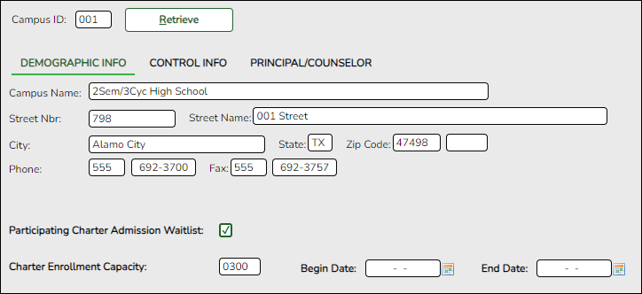 Registration > Maintenance > Campus Profile > Campus Information Maintenance > Control Info screen