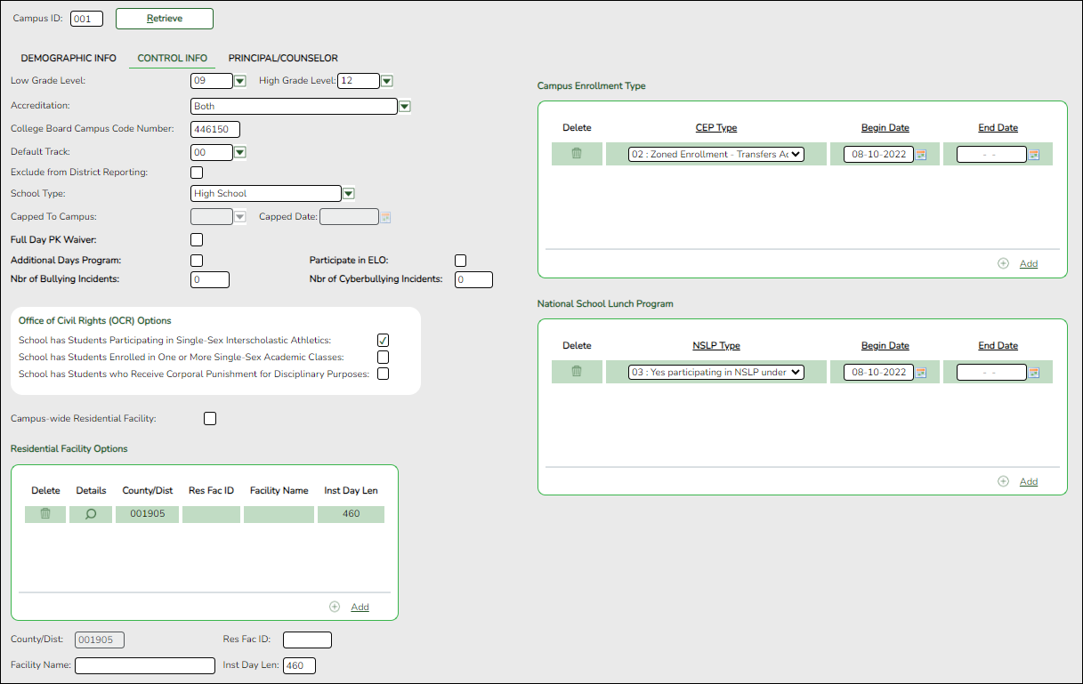 Registration > Maintenance > Campus Profile > Campus Information Maintenance > Control Info screen