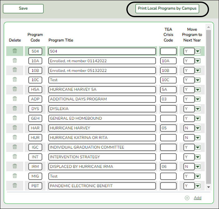 District Local Program Codes page with Print Generic Ent/Wd by Campus button circled