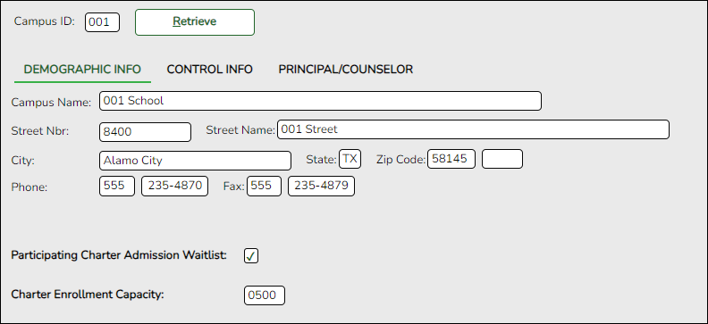 
Campus Profile Demographic Info tab with New Charter School Waitlist options highlighted