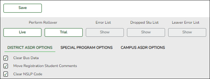 Annual Student Data Rollover page with Trial button circled