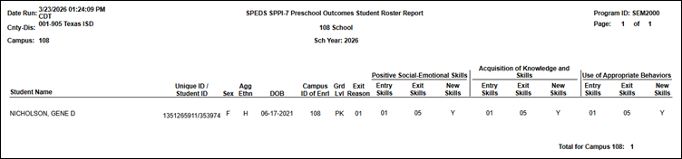 SEM2000 - SPEDS SPPI-7 Preschool Outcomes Student Roster Report