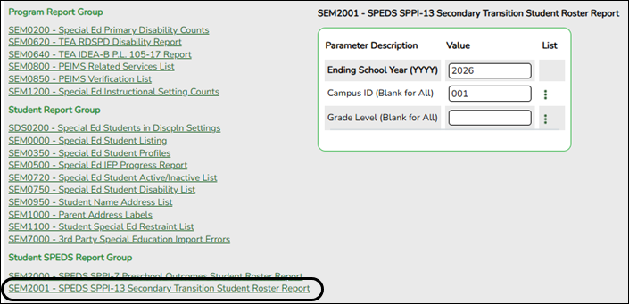 SPEDS SPPI-13 Secondary Transition Student Roster Report parameters screen