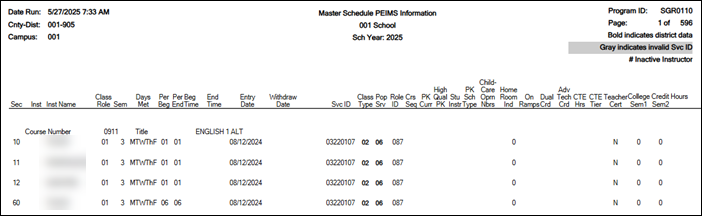 SGR0110 - Master Schedule PEIMS (Grd Rpting) SGR0110 - Master Schedule PEIMS (Grd Rpting)