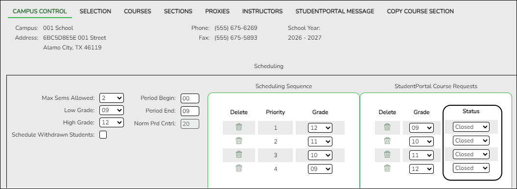 Scheduling > Maintenance > Master Schedule > Campus Control Options showing StudentPortal disabled