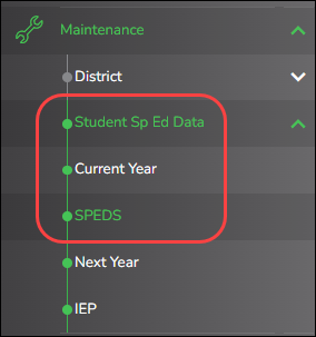 Student Spec Ed Data menu under Maintenance