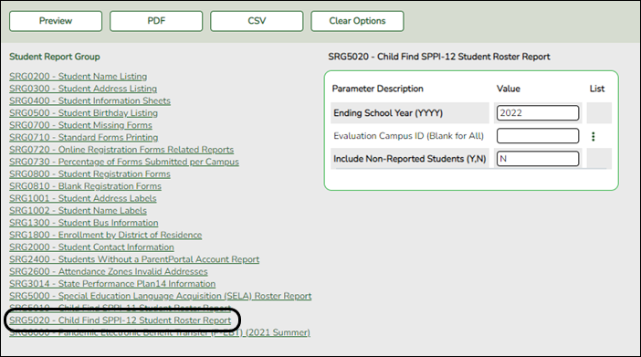 SRG5020 – Child Find SPPI-12 Student Roster Report parameters screen