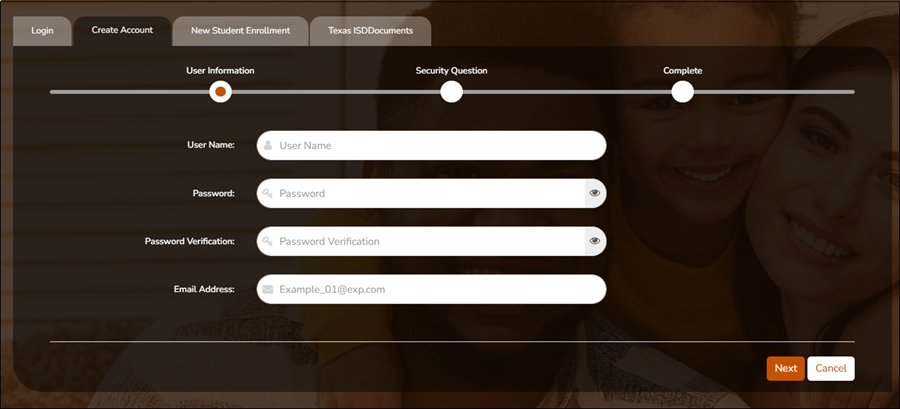 Create User Account page