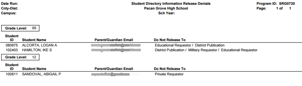 SRG0720 - Online Registration Forms Related Reports run with Release Denials report selected