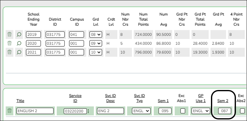 Cumulative Courses tab before change