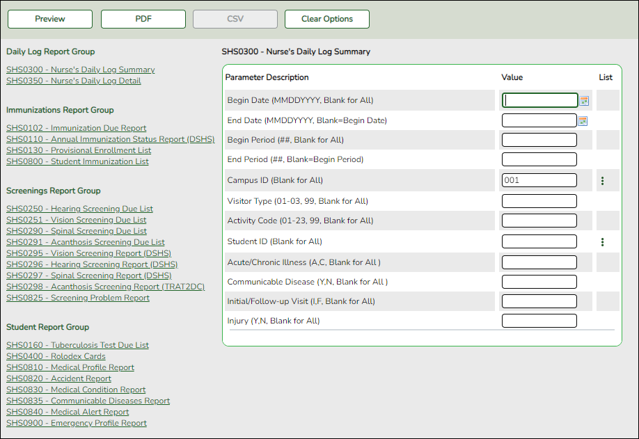 Health Report Group screen showing all available reports