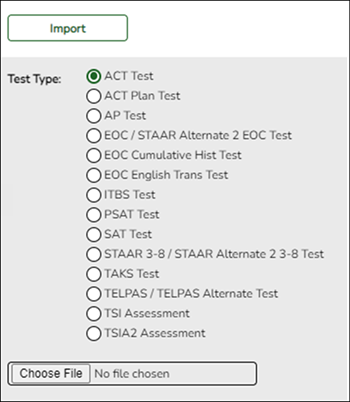 Import Test Scores screen with ACT selected.