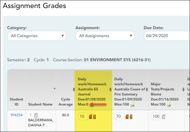 Assignment Grades page showing an extra credit assignment