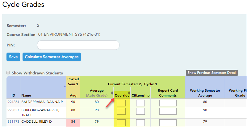 snippet of Cycle Grades page with Override column highlighted