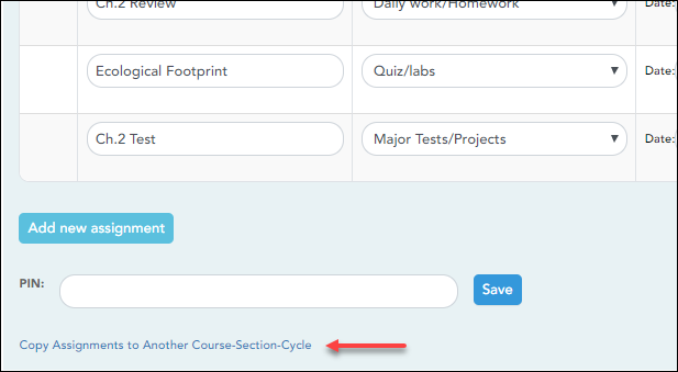 snippet of Manage Assignments page with Copy link highlighted