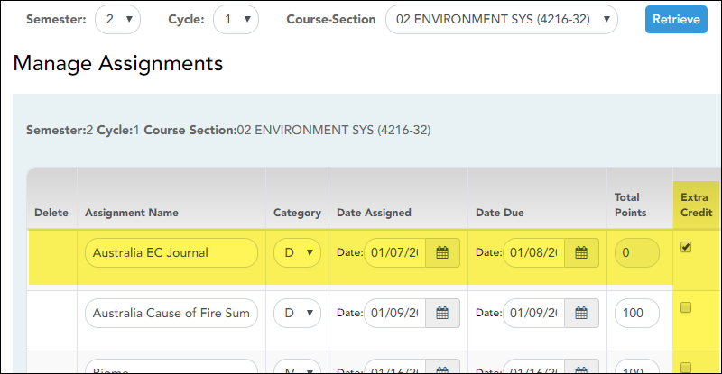 Manage Assignments tab with Extra Credit field highlighted