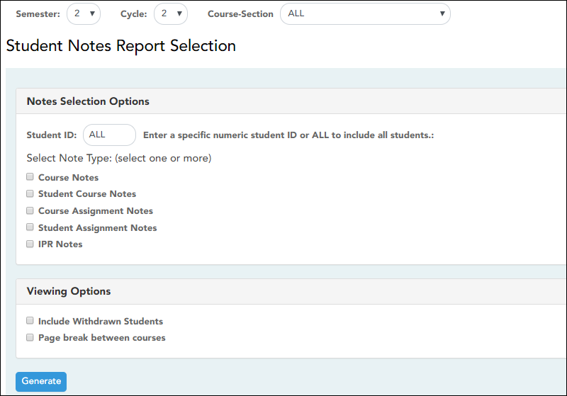 Student Notes Report Selection page