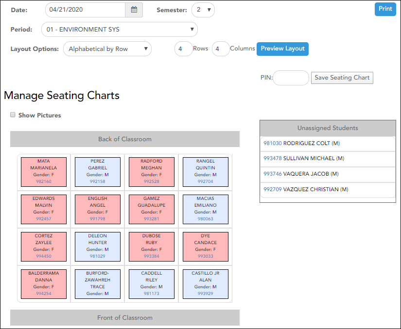 Seating Chart page