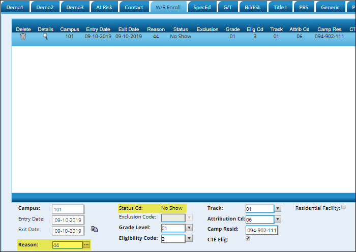W/R Enroll tab with No Show fields highlighted