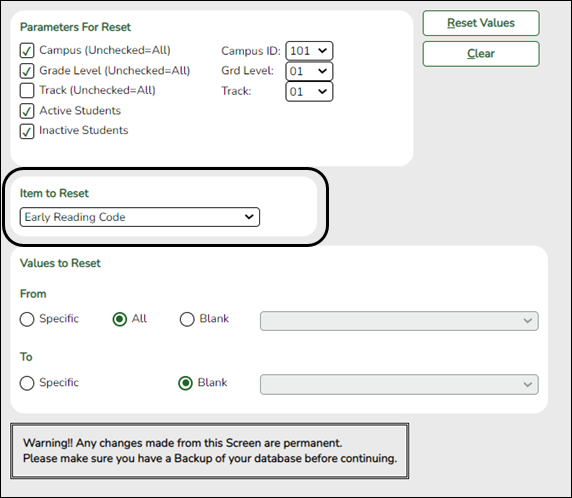 Reset Values utility with Early Reading Code selected