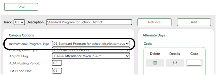 Attendance Options page with Instructional Program field highlighted