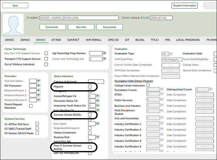 Demo3 tab with Student Category fields circled