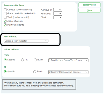 Reset Values utility with CTE options selected
