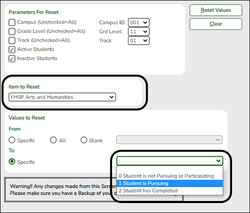 Reset Values utility with Arts and Humanities options selected