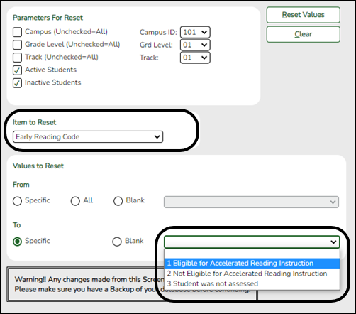 Reset Values utility with Early Reading options selected