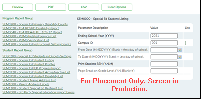 Special Education Language Acquisition Report Screen