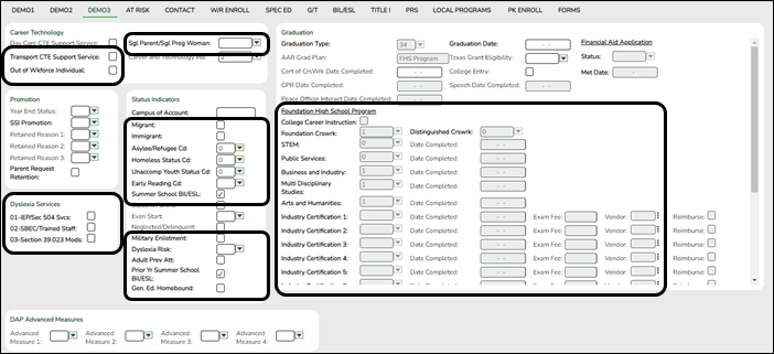 Registration Demo3 tab with PEIMS Summer elements highlighted