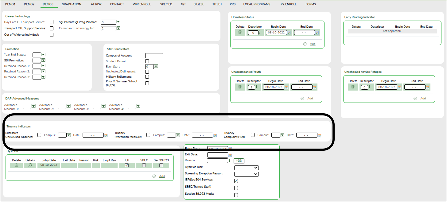 Registration Demo3 tab with PEIMS Summer Truancy Indicator elements highlighted