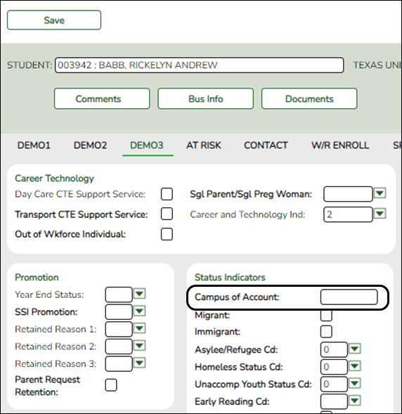 Registration Demo3 tab with PEIMS Summer elements highlighted