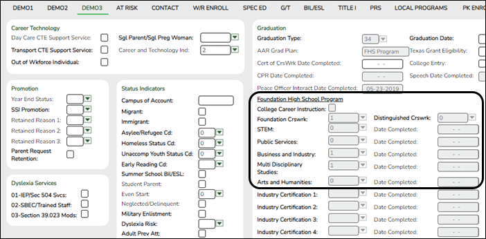 Registration Demo3 tab with PEIMS Summer elements highlighted