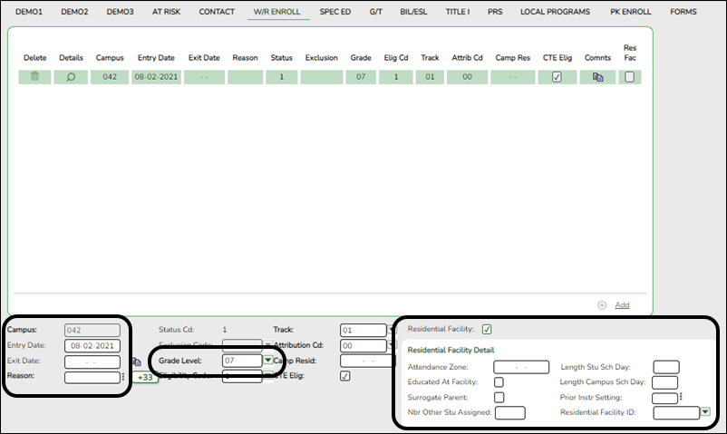 W/R Enroll tab with RF Tracker fields highlighted